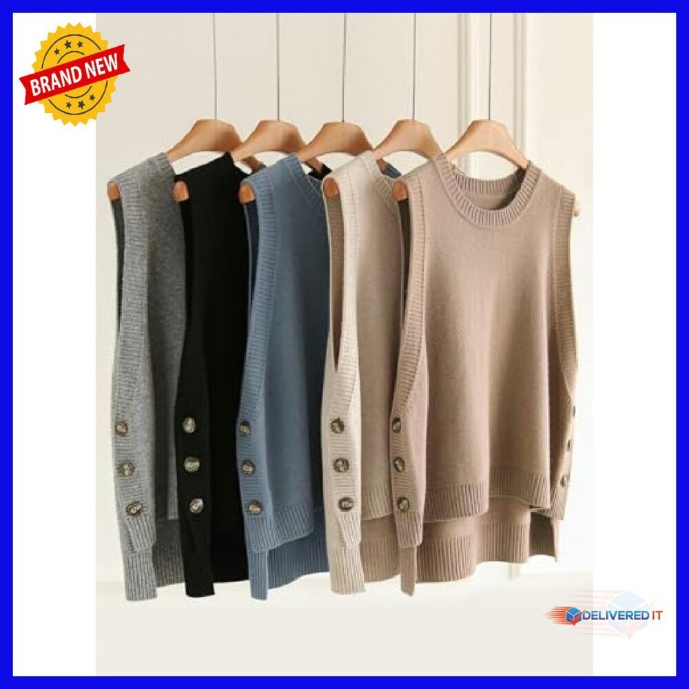 Sleeveless Ribbed Sweater Vest Crew Neck Loose Fit Pullover Top - Picture 7 of 8